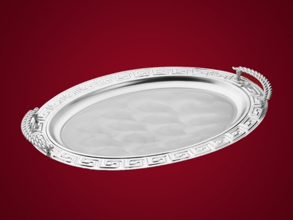 2226/3G Tepsi Desenli Oval Gümüş Kulplu Büyük